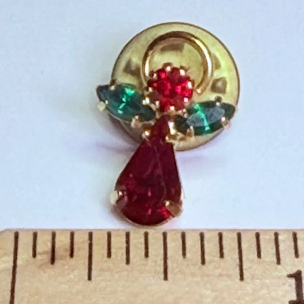 Vintage Christmas Angel Pin Red Green Rhinestone Gold Tone‎ Holiday Lapel Brooch